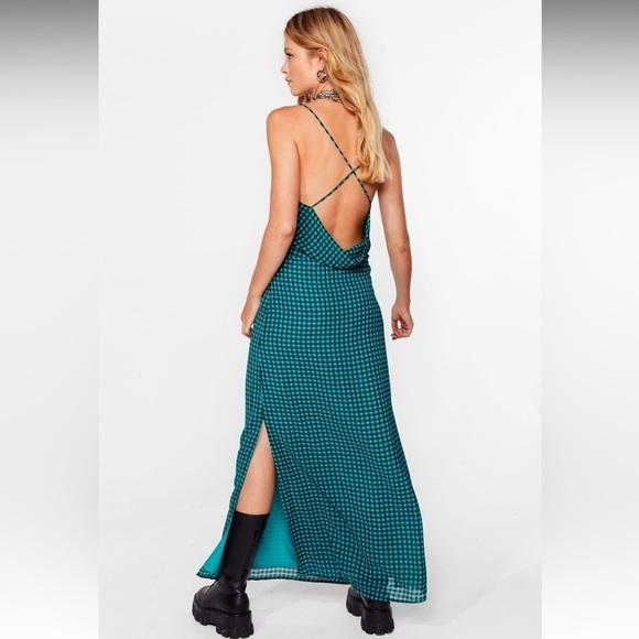 Nasty Gal Green Check Cross Back Cowl Maxi Midi Slip Dress Size 8 - Picture 7 of 12